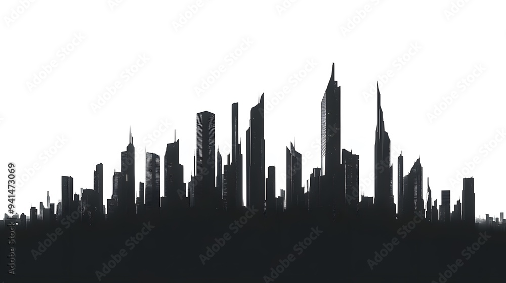 Naklejka premium CG Futuristic City Skyline Silhouette: A sleek, CG-rendered silhouette of a futuristic city skyline, set against a stark white background. 