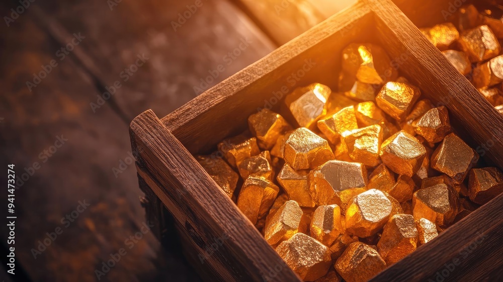 A close-up view of shiny gold nuggets in a rustic wooden box, highlighting their brilliance and allure against a warm background. A close-up view of shiny gold nuggets in a rustic wooden box, highlighting their brilliance and allure against a warm background.