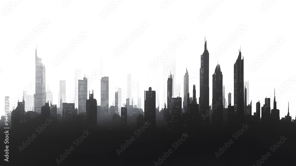 Obraz premium CG Futuristic City Skyline Silhouette: A sleek, CG-rendered silhouette of a futuristic city skyline, set against a stark white background. 