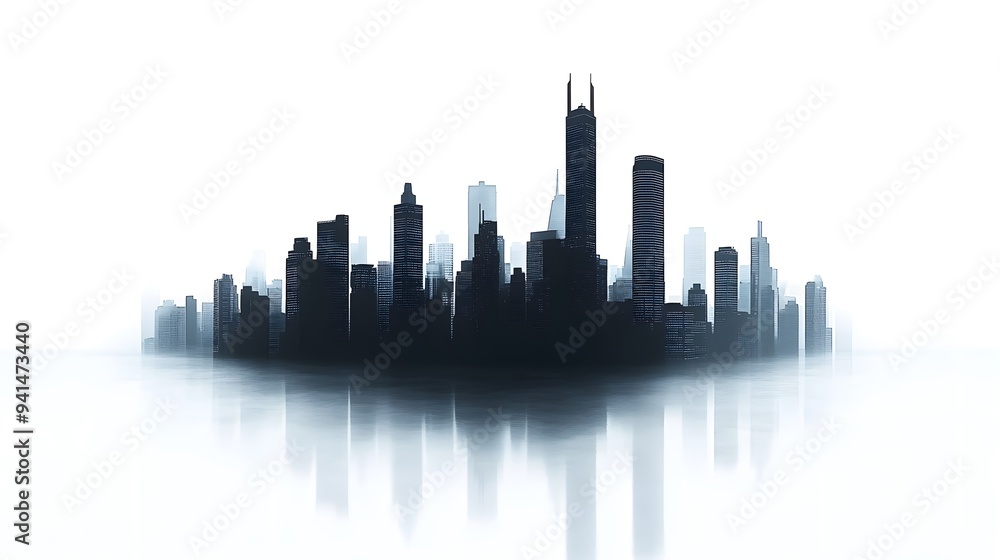 Fototapeta premium CG Futuristic City Skyline Silhouette: A sleek, CG-rendered silhouette of a futuristic city skyline, set against a stark white background.