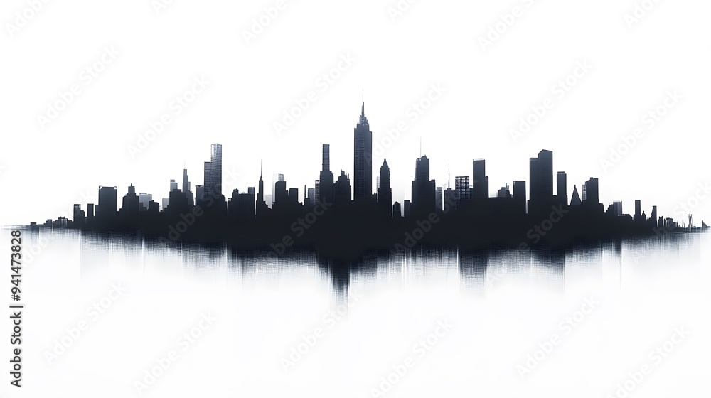 Fototapeta premium CG Futuristic City Skyline Silhouette: A sleek, CG-rendered silhouette of a futuristic city skyline, set against a stark white background. 