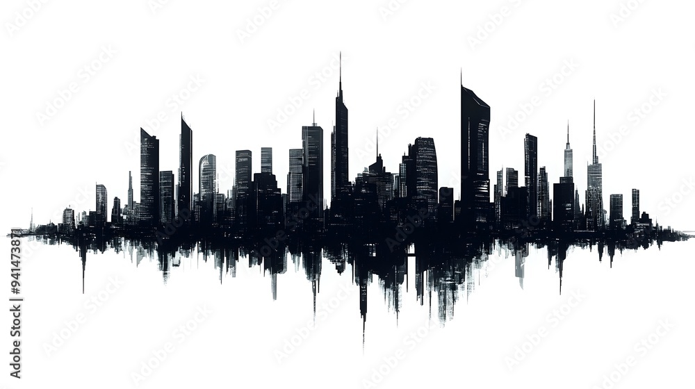 Obraz premium CG Futuristic City Skyline Silhouette: A sleek, CG-rendered silhouette of a futuristic city skyline, set against a stark white background. 