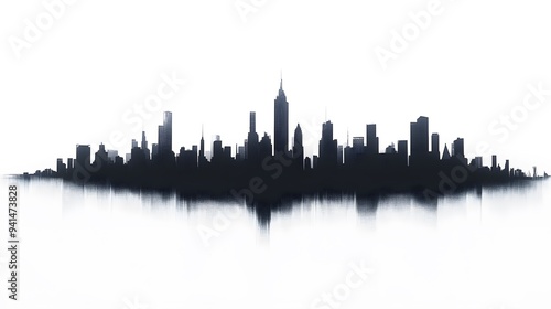 CG Futuristic City Skyline Silhouette: A sleek, CG-rendered silhouette of a futuristic city skyline, set against a stark white background. 