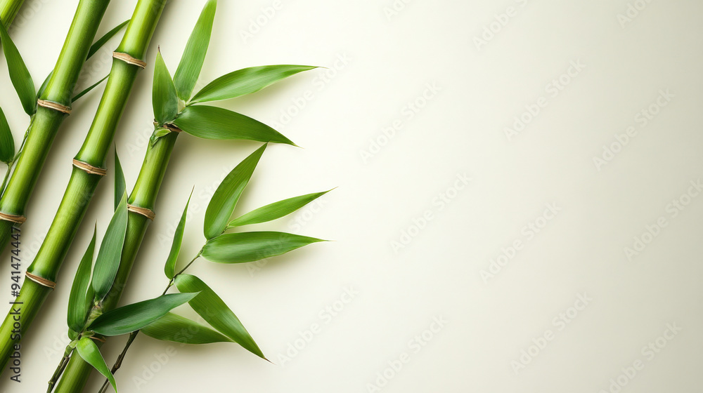 Naklejka premium Minimalist bamboo stalks arranged on a pearl white background, with clean lines and ample space for copy