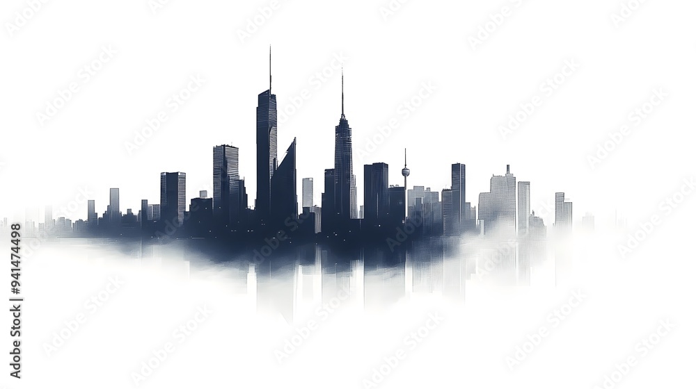 Naklejka premium CG Futuristic City Skyline Silhouette: A sleek, CG-rendered silhouette of a futuristic city skyline, set against a stark white background. 