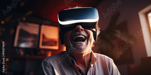 Elderly man wearing virtual reality headset have fun with technology happy face portrait view