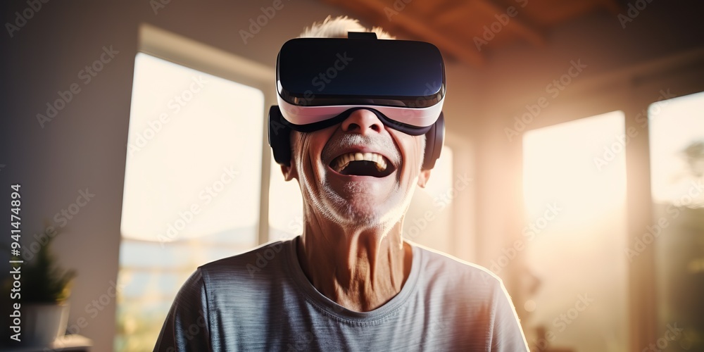 Elderly man wearing virtual reality headset have fun with technology happy face portrait view Elderly man wearing virtual reality headset have fun with technology happy face portrait view