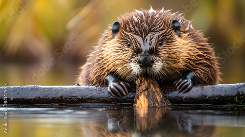 Curious Beaver Peeking Out from the Water s Surface