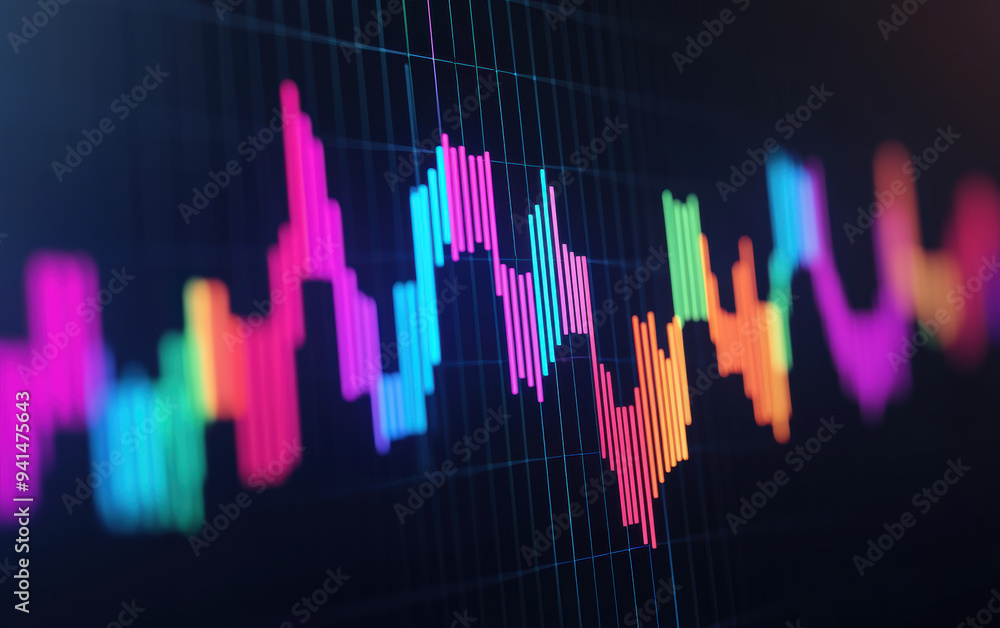 Close-up of a colorful financial chart displaying stock market trends and data analysis on a dark background. Close-up of a colorful financial chart displaying stock market trends and data analysis on a dark background.