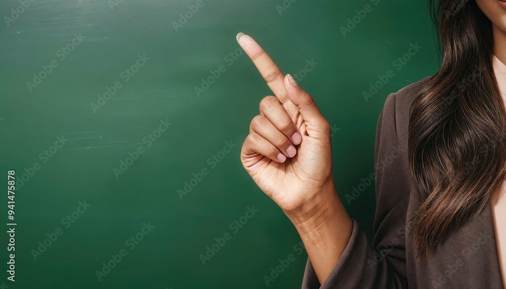 Hand Pointing at a Blank Green Chalkboard, Ideal for Education and Teaching Concepts Hand Pointing at a Blank Green Chalkboard, Ideal for Education and Teaching Concepts