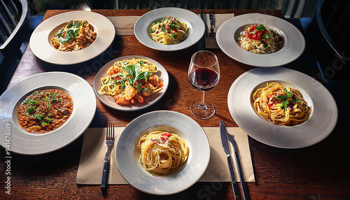 A realistic photograph of a table at an upscale italian restaurant, showing multiple elegant