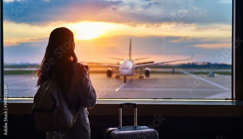 woman in airport window looking at plane photo