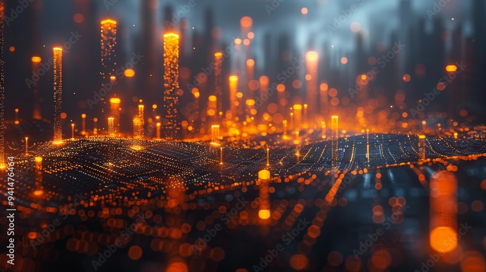 Abstract Futuristic Cityscape with Glowing Orange Lights Generative AI Abstract Futuristic Cityscape with Glowing Orange Lights Generative AI