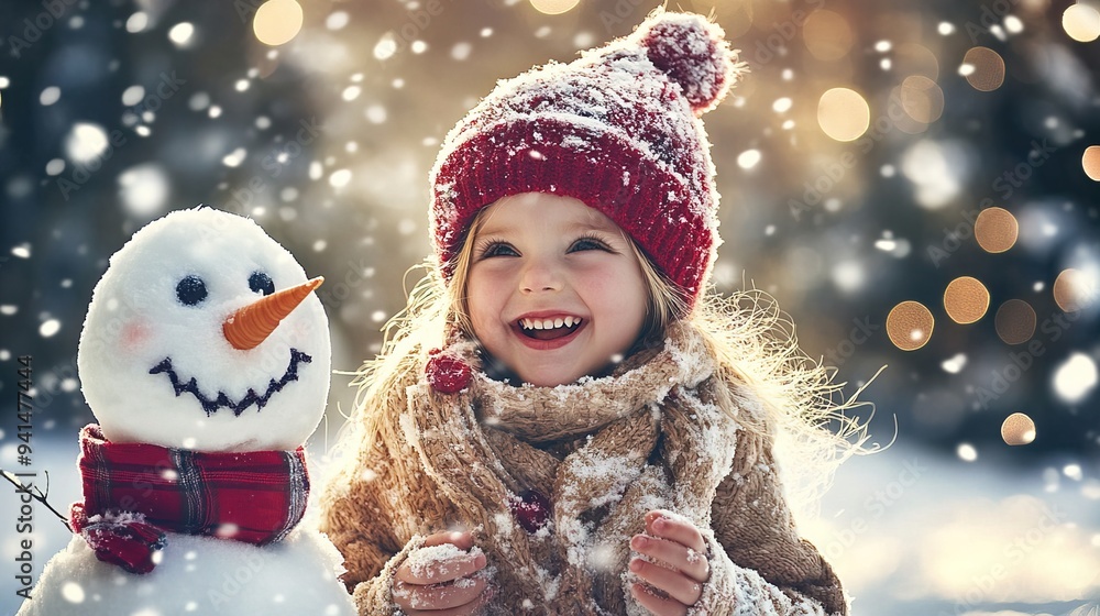 Happy smiling little girl near the snowman is enjoying the Christmas holidays Happy smiling little girl near the snowman is enjoying the Christmas holidays