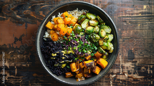 a hearty grain bowl filled with black rice, roasted Brussels sprouts, butternut squash, and a maple mustard dressing, served on a dark wooden table