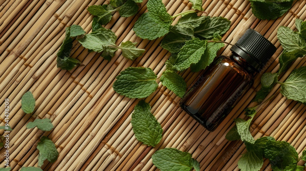 A bottle of mint essential oil with fresh mint leaves scattered around, set on a bamboo mat, creating a serene and natural spa-like atmosphere. A bottle of mint essential oil with fresh mint leaves scattered around, set on a bamboo mat, creating a serene and natural spa-like atmosphere.