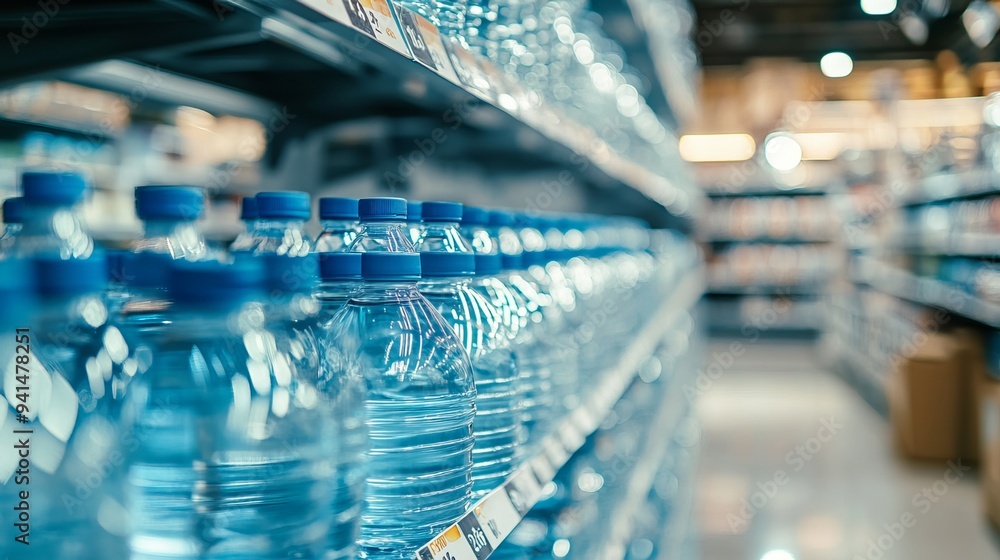 Raw mineral water display with blue line in supermarket. Arrangement of Mineral water at the market. Patterns of cover mineral water display market place. Raw mineral water display with blue line in supermarket. Arrangement of Mineral water at the market. Patterns of cover mineral water display market place.
