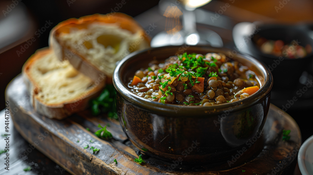 a hearty lentil stew, garnished with fresh parsley and served in a ceramic bowl, with a side of crusty bread on a vintage wooden board a hearty lentil stew, garnished with fresh parsley and served in a ceramic bowl, with a side of crusty bread on a vintage wooden board