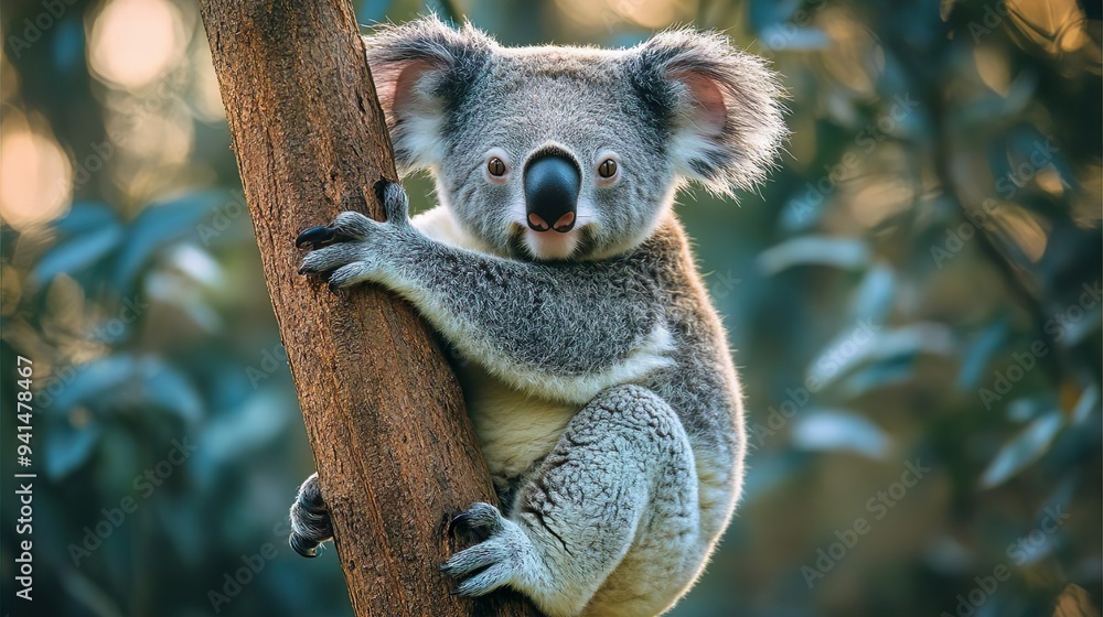 Obraz premium Koala grasping a eucalyptus branch great for heartwarming nature photography