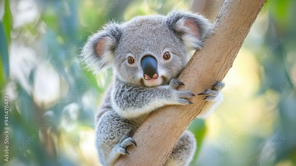 Fototapeta premium Koala bear embracing a tree branch ideal for capturing the essence of Australian wildlife