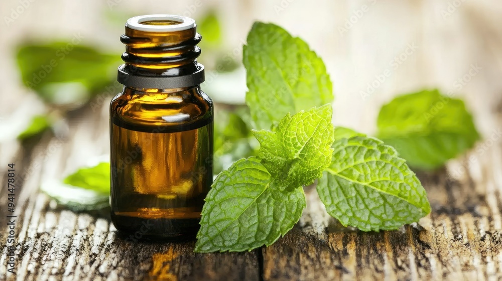 A close-up of a bottle of mint essential oil, with droplets of oil on the surface, placed next to freshly picked mint leaves on a wooden table. A close-up of a bottle of mint essential oil, with droplets of oil on the surface, placed next to freshly picked mint leaves on a wooden table.