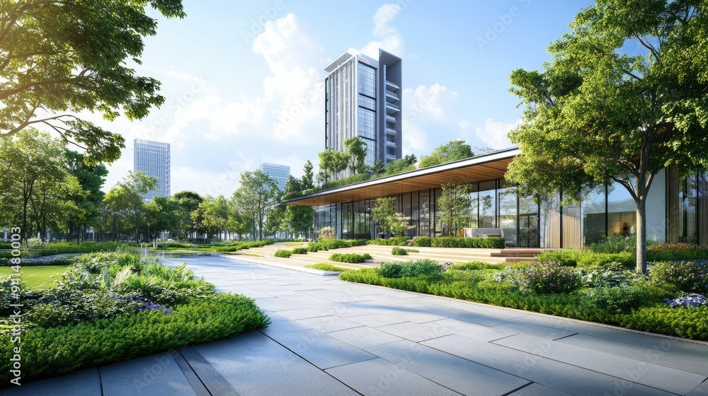 A contemporary commercial area with a platform and green landscape, featuring a mix of sleek architecture and natural elements. Ideal for eco-friendly business backgrounds. A contemporary commercial area with a platform and green landscape, featuring a mix of sleek architecture and natural elements. Ideal for eco-friendly business backgrounds.