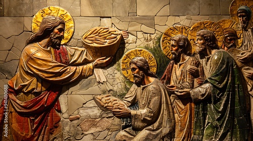 A compact depiction of the miracle of the loaves and fishes, showing Jesus blessing the small amount of food as it miraculously multiplies to feed the multitude photo