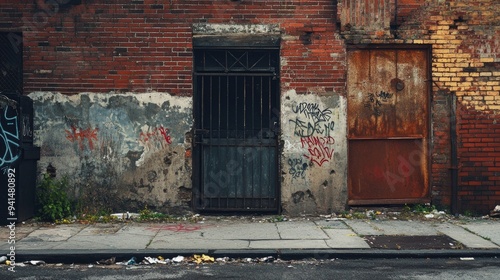 Fototapeta Naklejka Na Ścianę i Meble -  A faded industrial street corner with cracked brick walls, graffiti, and an old metal gate, offering a gritty, urban backdrop.