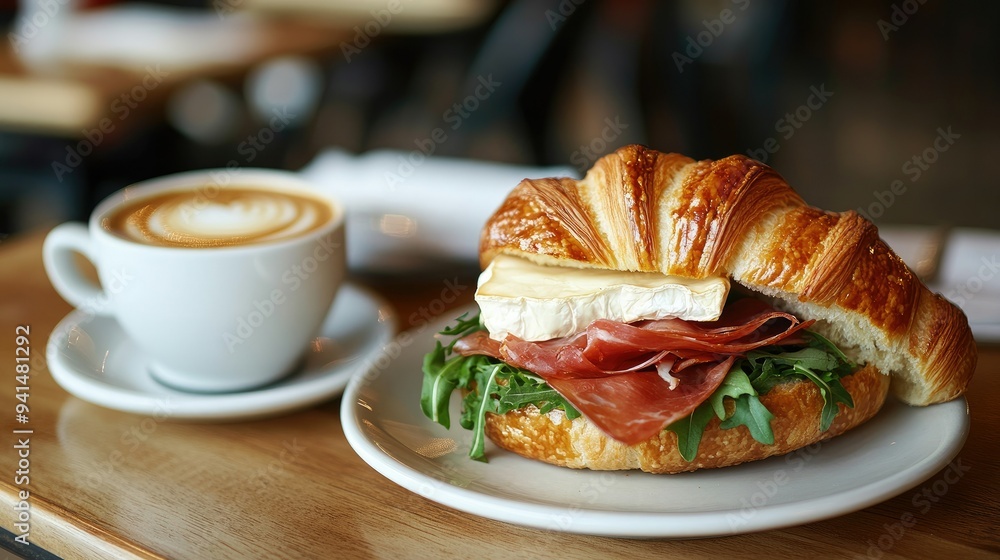 A French-inspired cafa scene with a croissant sandwich filled with prosciutto, camembert, and arugula, next to a steaming cup of cappuccino. A French-inspired cafa scene with a croissant sandwich filled with prosciutto, camembert, and arugula, next to a steaming cup of cappuccino.