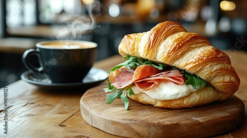 A French-inspired cafa scene with a croissant sandwich filled with prosciutto, camembert, and arugula, next to a steaming cup of cappuccino. photo