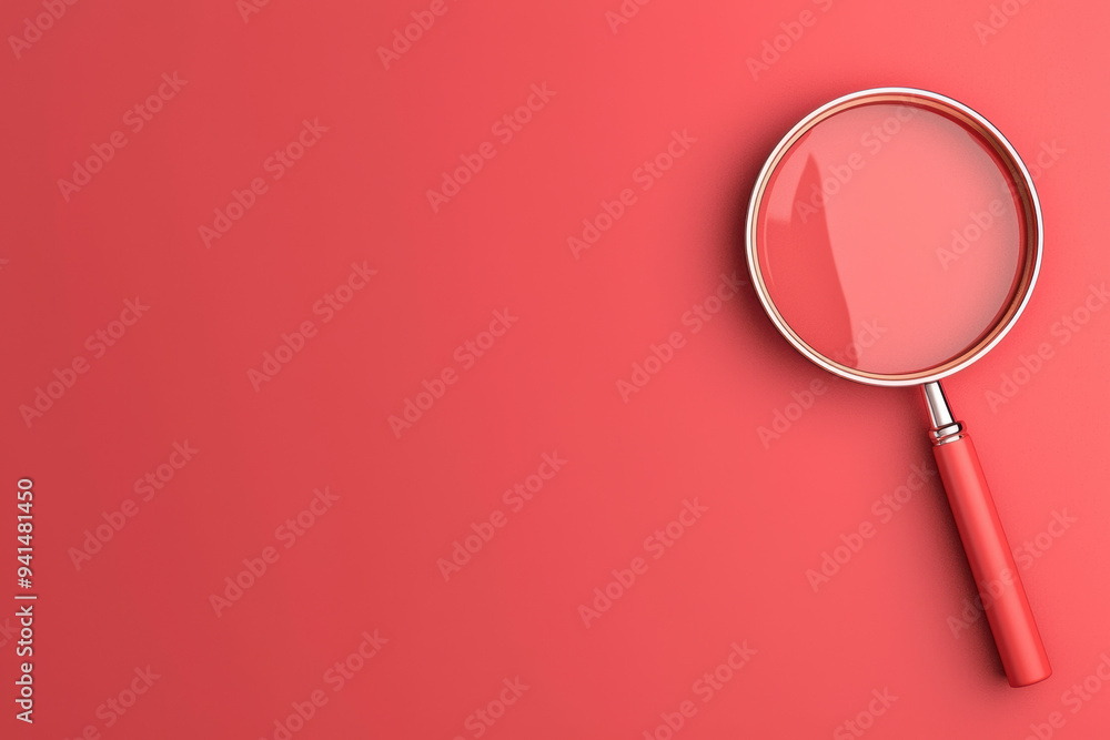 A detailed view of a magnifying glass on a vibrant red background, signifying search, discovery, analysis, research, and focus in a minimalistic setting. A detailed view of a magnifying glass on a vibrant red background, signifying search, discovery, analysis, research, and focus in a minimalistic setting.