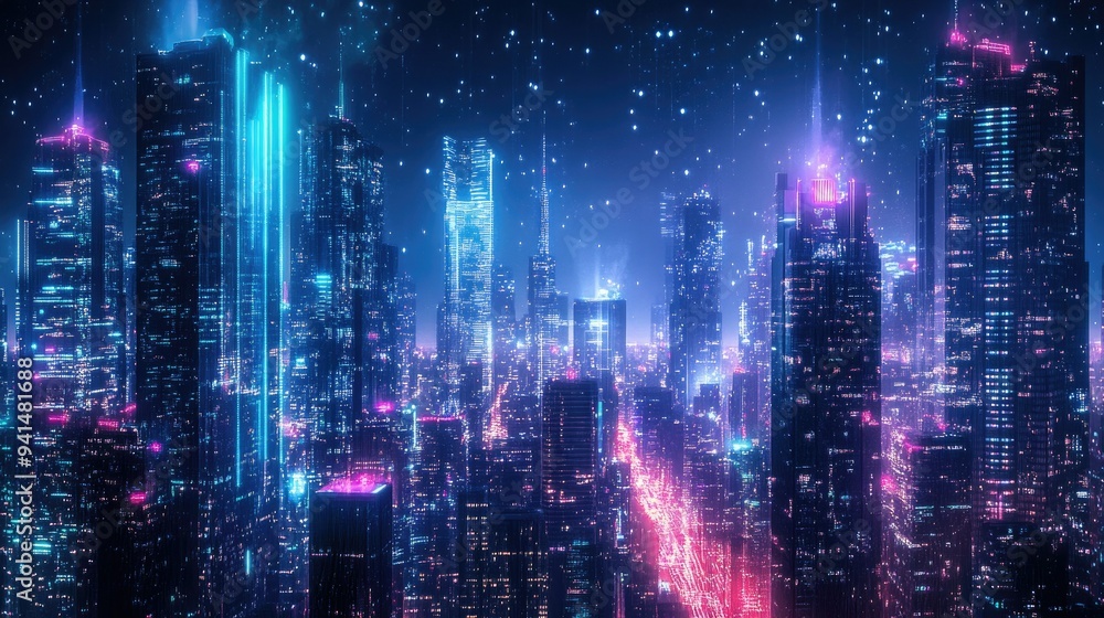 A futuristic urban skyline at night, with towering, sleek skyscrapers and vibrant city lights. Ideal for premium backgrounds for the latest tech innovations. A futuristic urban skyline at night, with towering, sleek skyscrapers and vibrant city lights. Ideal for premium backgrounds for the latest tech innovations.