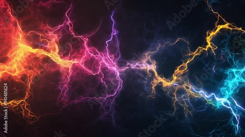 Bright lightning bolts in various colors burst against a dark backdrop, creating a dynamic and electric atmosphere.