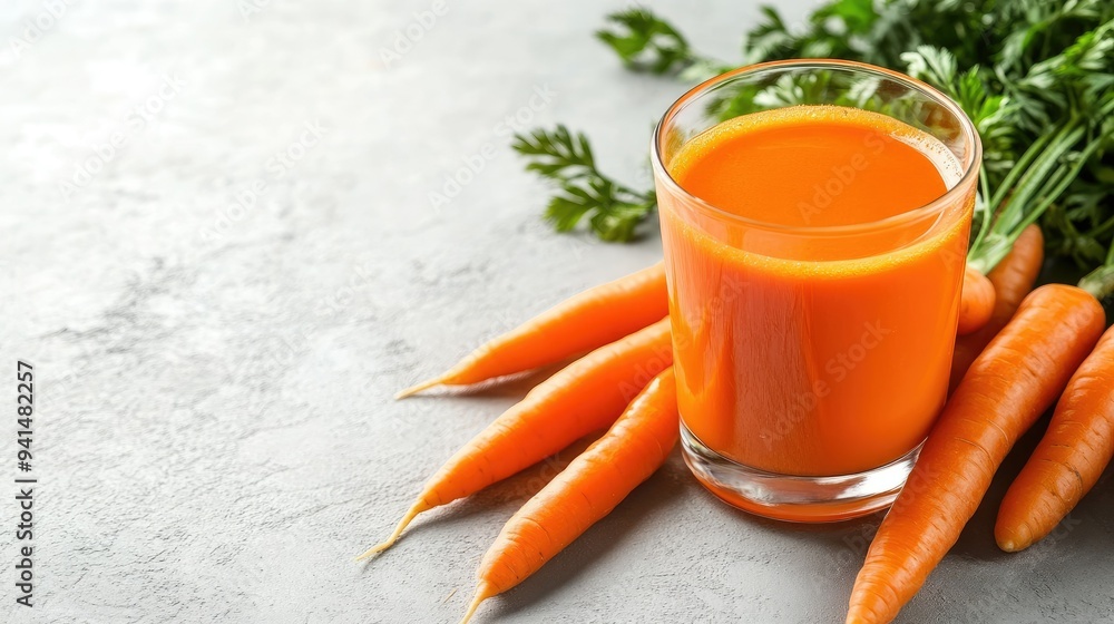 A glass of fresh carrot juice and raw carrots on a grey textured table, against a bright white background. Perfect for showcasing healthy eating habits. A glass of fresh carrot juice and raw carrots on a grey textured table, against a bright white background. Perfect for showcasing healthy eating habits.