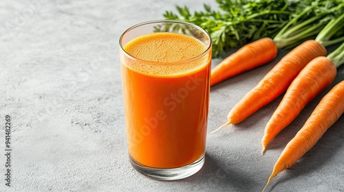 A glass of fresh carrot juice with vibrant orange carrots on a grey textured table against a white background. Perfect for healthy drink visuals.