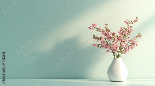 White vase with pink flowers on a light blue background.