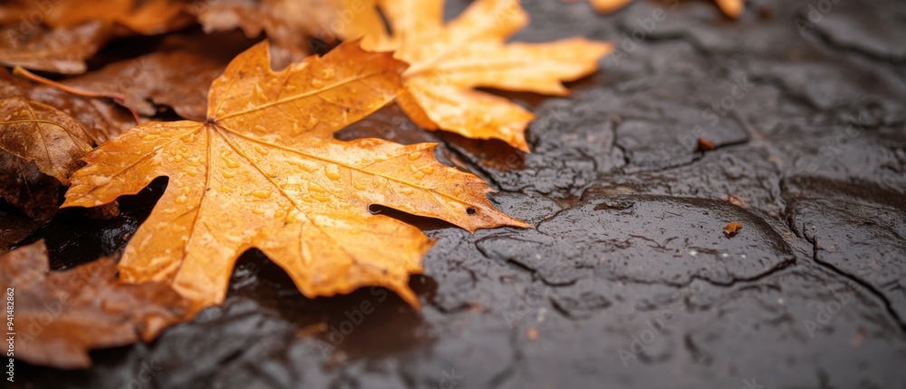 Autumn leaves on wet ground create a serene natural scene, showcasing the beauty of seasonal change and nature's vibrant colors. Autumn leaves on wet ground create a serene natural scene, showcasing the beauty of seasonal change and nature's vibrant colors.