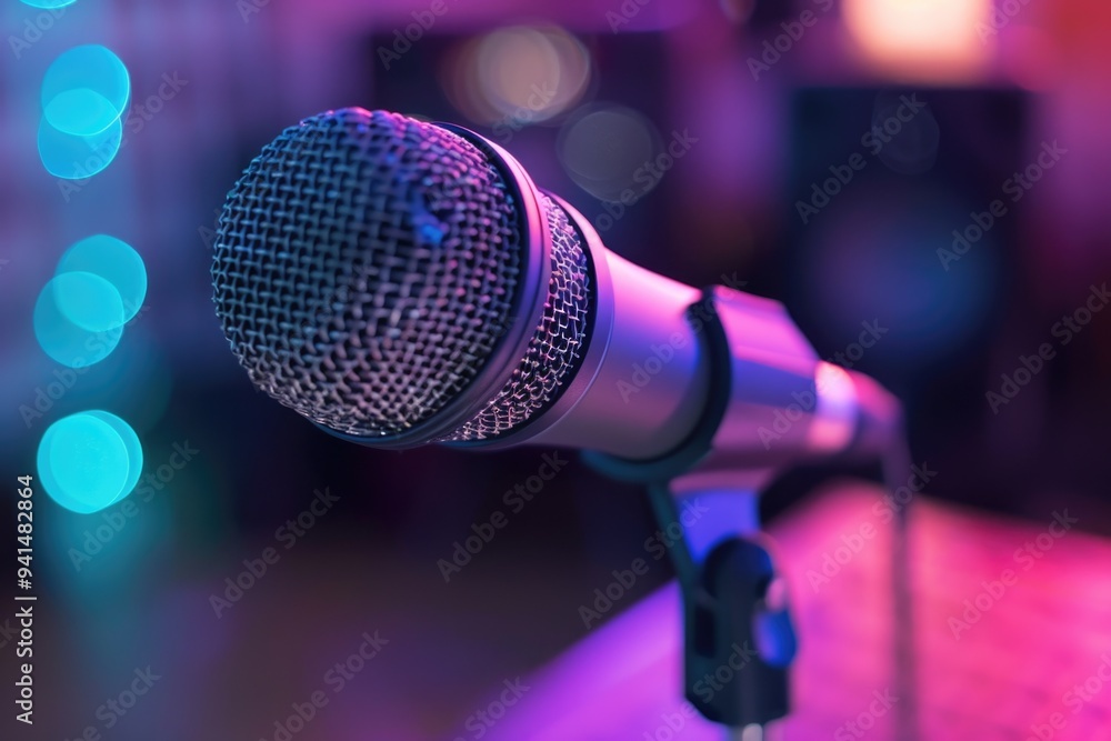 A professional microphone on a stand, blurred background A professional microphone on a stand, blurred background