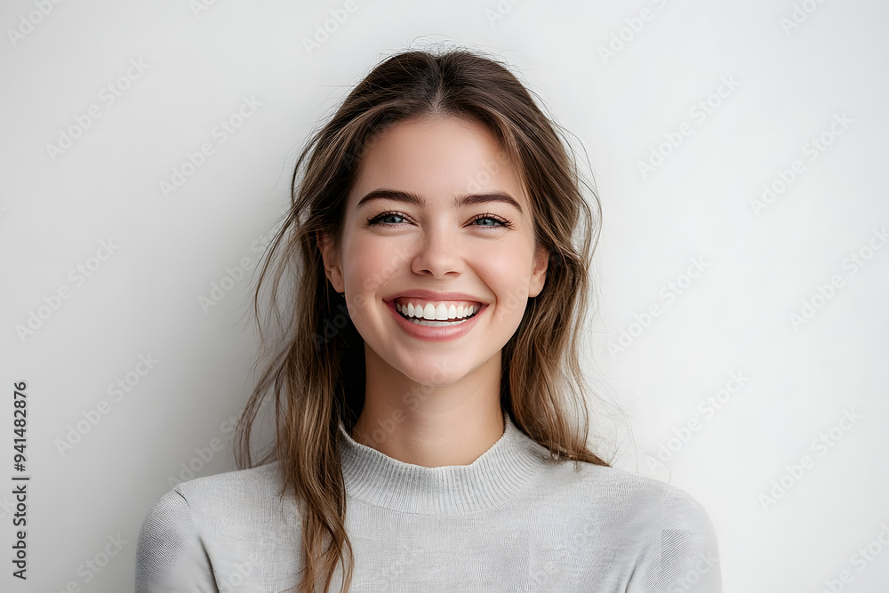 Headshot of good-looking lucky woman with tied hair pure skin and broad smile being happy to watch at camera. Sincere female with beautiful appearance wearing casual clothes isolated over white wall Headshot of good-looking lucky woman with tied hair pure skin and broad smile being happy to watch at camera. Sincere female with beautiful appearance wearing casual clothes isolated over white wall