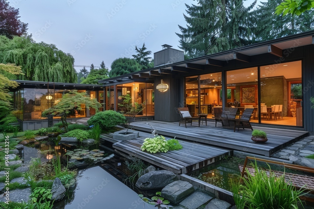 Front porch with wood deck and view of backyard garden, grey modern home with oversized sliding door, small pond, and wooden chairs in Seattle.