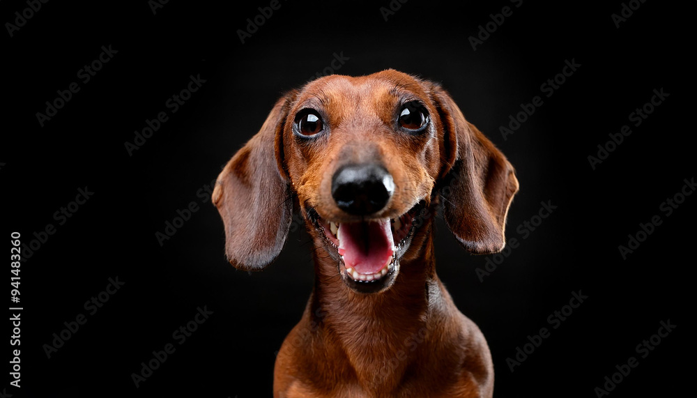 A young dachshund dog is posing for a cute, happy, crazy dog headshot while playing A young dachshund dog is posing for a cute, happy, crazy dog headshot while playing