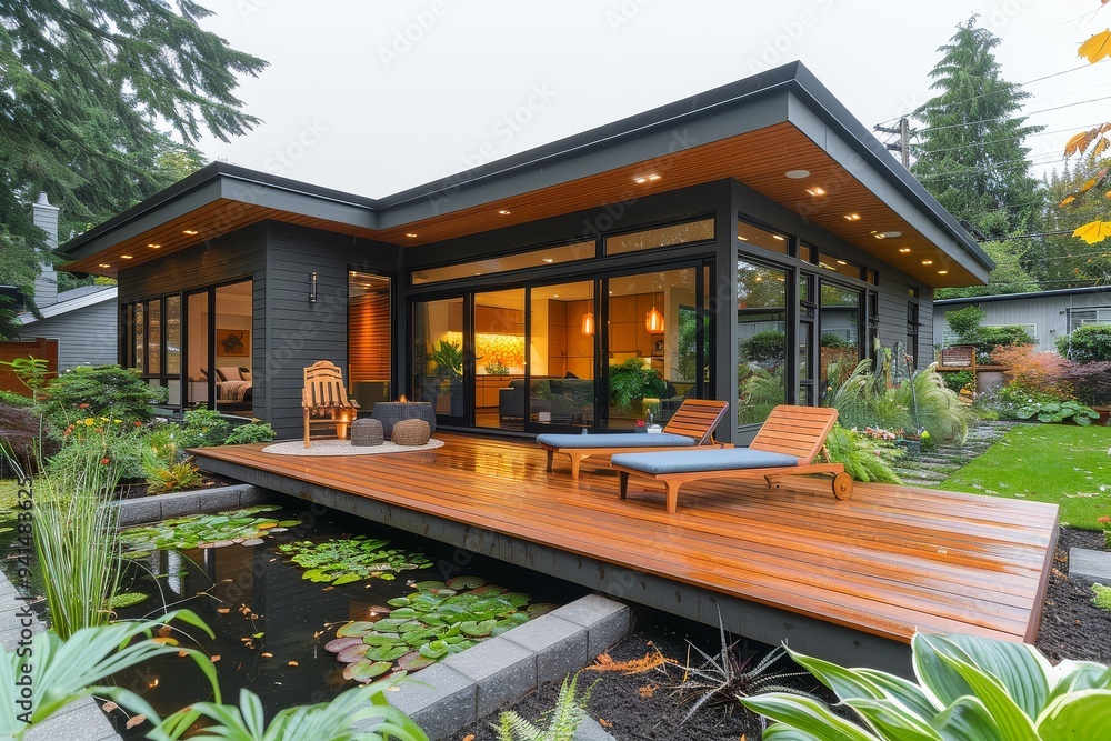 Front porch with wood deck and view of backyard garden, grey modern home with oversized sliding door, small pond, and wooden chairs in Seattle. Front porch with wood deck and view of backyard garden, grey modern home with oversized sliding door, small pond, and wooden chairs in Seattle.