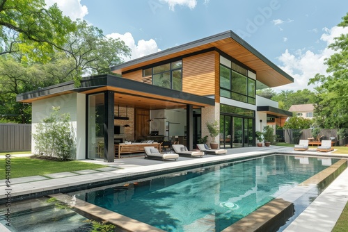 Wallpaper Mural Front porch with wood deck and view of backyard garden, grey modern home with oversized sliding door, small pond, and wooden chairs in Seattle. Torontodigital.ca