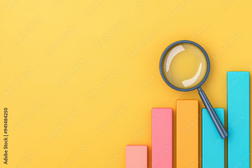 Colorful bar graphs and magnifying glass on yellow background. Concept analytics, data visualization, growth, and business performance. Colorful bar graphs and magnifying glass on yellow background. Concept analytics, data visualization, growth, and business performance.