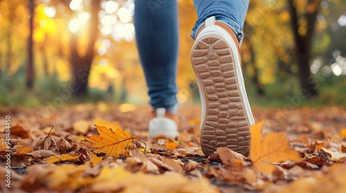 Close-up of a person walking on fallen autumn leaves in a park. AI generated image