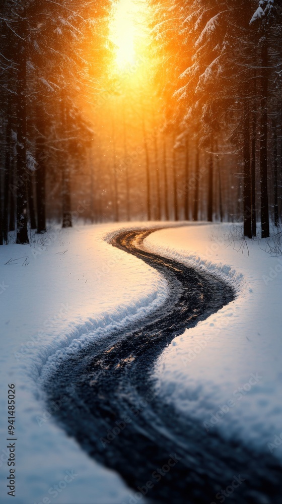 A winding path through snowy trees illuminated by a warm sunset, creating a serene winter landscape. A winding path through snowy trees illuminated by a warm sunset, creating a serene winter landscape.