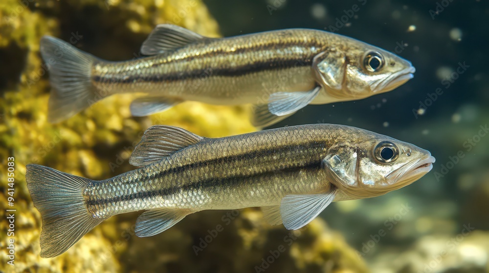 Two fish swimming gracefully near rocky underwater habitat at sunset Two fish swimming gracefully near rocky underwater habitat at sunset