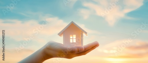 A hand gently holding a small house, symbolizing warmth, safety, and the concept of home against a serene sky backdrop.