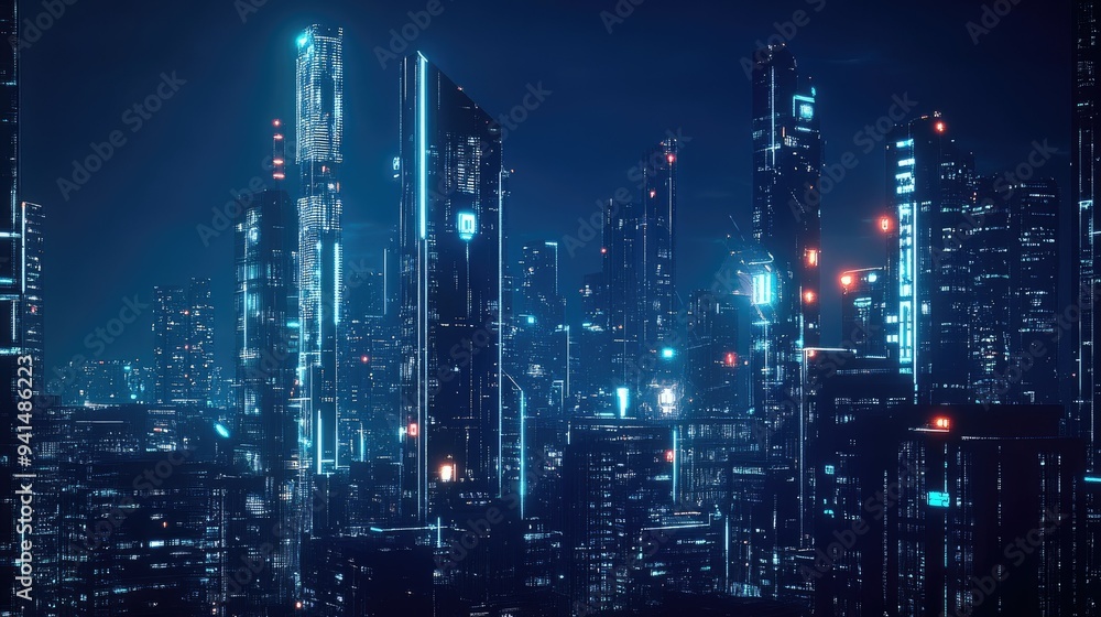 Fototapeta premium A nighttime view of a futuristic city with sleek, glowing skyscrapers and cutting-edge technology integrated into the urban landscape. Perfect for tech-themed backgrounds.