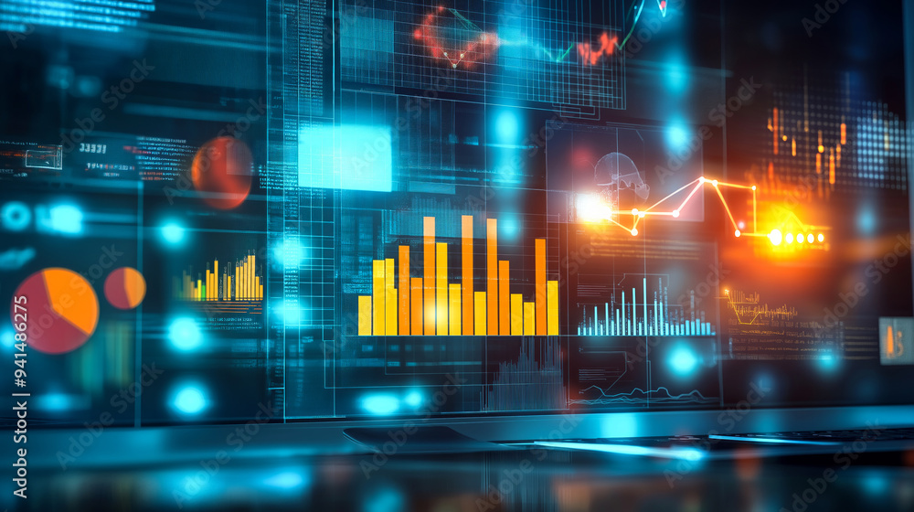 Fototapeta premium Glowing abstract graphs and stock and market information backgrounds. Stock exchange trading arrows investment graph Increase statistics and Digital Marketing. Economics and selling
